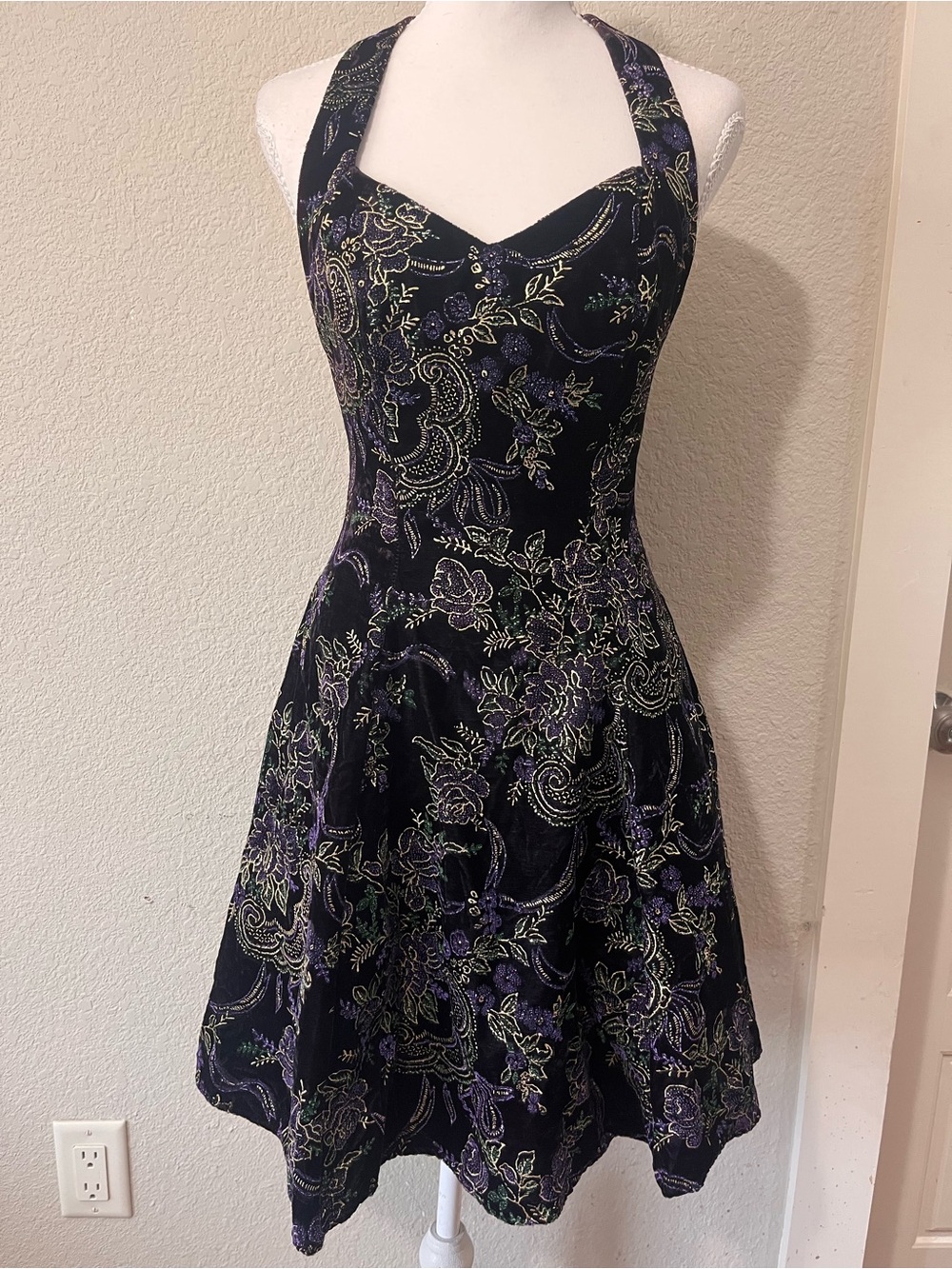 Vintage Y2K Jump Apparel Glitter Floral Halter Dress Black Purple Whimsigoth